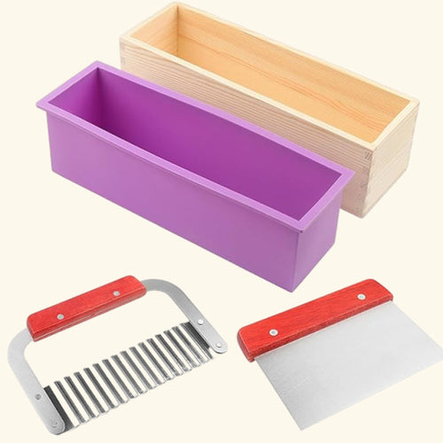 Wooden Rectangle Silicone Soap Mould + Soap Cutter